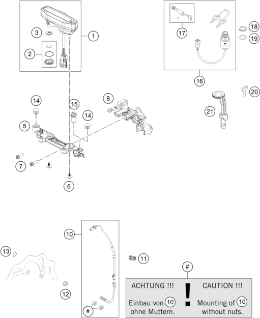 Explosionszeichnung der Baugruppe INSTRUMENTE / SCHLOSSSYSTEM, Position 21 ist markiert