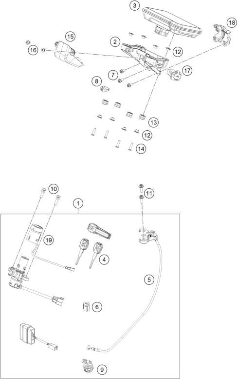 Explosionszeichnung der Baugruppe INSTRUMENTE / SCHLOSSSYSTEM, Position 2 ist markiert