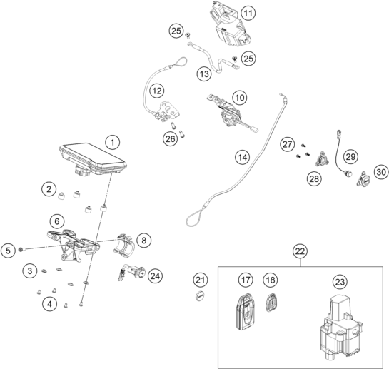 Explosionszeichnung der Baugruppe INSTRUMENTE / SCHLOSSSYSTEM, Position 13 ist markiert