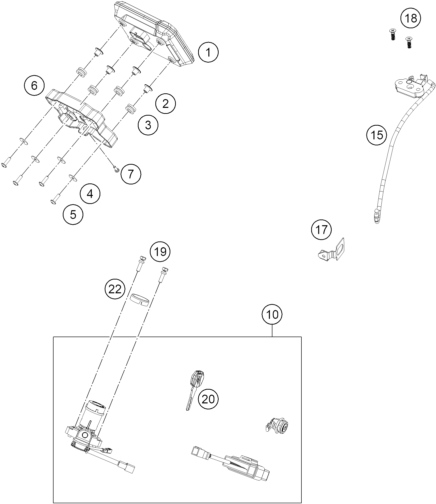 Explosionszeichnung der Baugruppe INSTRUMENTE / SCHLOSSSYSTEM, Position 10 ist markiert