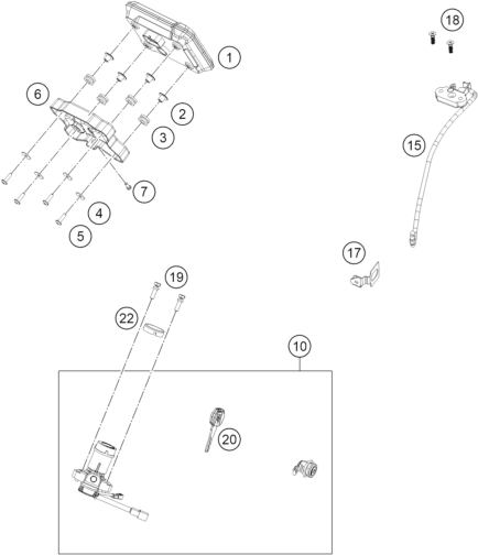 Explosionszeichnung der Baugruppe INSTRUMENTE / SCHLOSSSYSTEM, Position 1 ist markiert