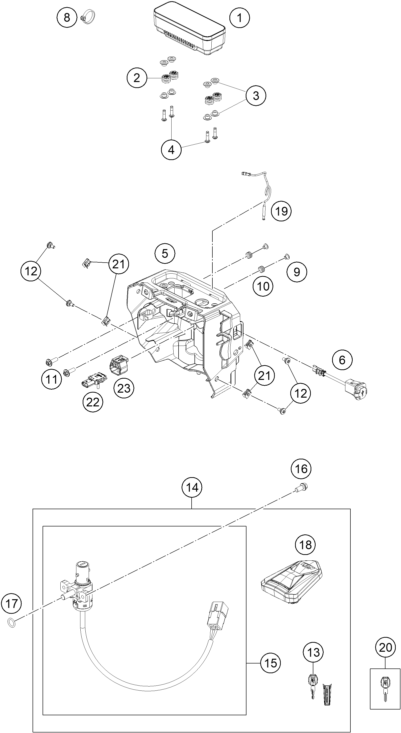 Explosionszeichnung der Baugruppe INSTRUMENTE / SCHLOSSSYSTEM, Position 22 ist markiert