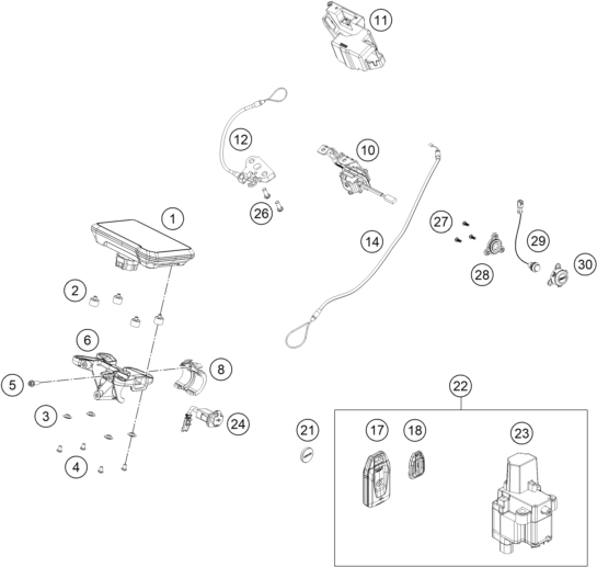 Explosionszeichnung der Baugruppe INSTRUMENTE / SCHLOSSSYSTEM, Position 4 ist markiert