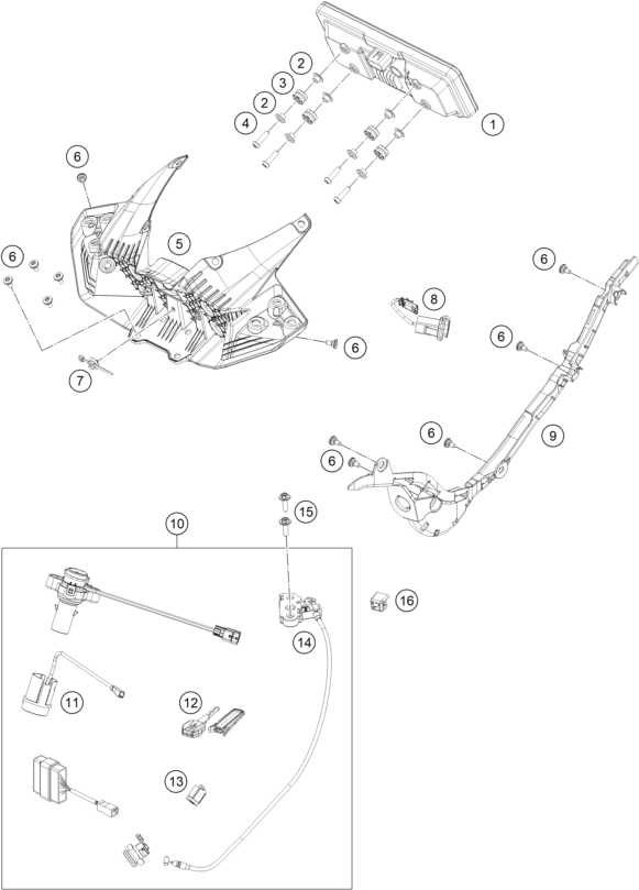 Explosionszeichnung der Baugruppe INSTRUMENTE / SCHLOSSSYSTEM, Position 16 ist markiert