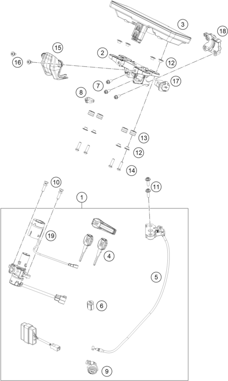 Explosionszeichnung der Baugruppe INSTRUMENTE / SCHLOSSSYSTEM, Position 1 ist markiert