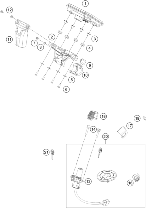 Explosionszeichnung der Baugruppe INSTRUMENTE / SCHLOSSSYSTEM, Position 7 ist markiert
