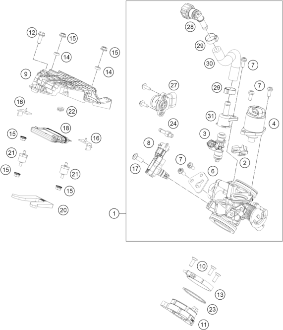 Explosionszeichnung der Baugruppe DROSSELKLAPPEN- / DREHWALZENKÖRPER, Position 1 ist markiert