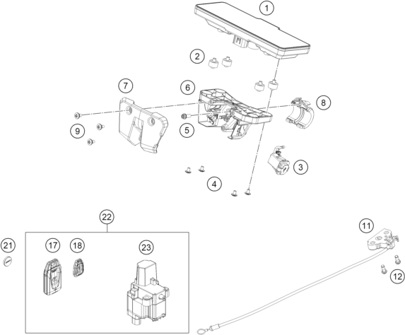 Explosionszeichnung der Baugruppe INSTRUMENTE / SCHLOSSSYSTEM, Position 2 ist markiert