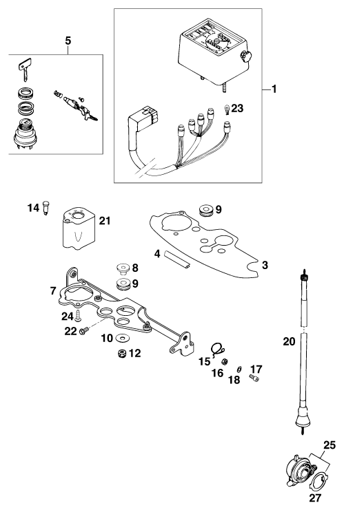 Explosionszeichnung der Baugruppe INSTRUMENTE / SCHLOSSSYSTEM, Position 14 ist markiert