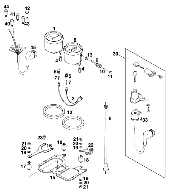 Explosionszeichnung der Baugruppe INSTRUMENTE / SCHLOSSSYSTEM, Position 42 ist markiert