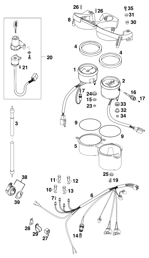 Explosionszeichnung der Baugruppe INSTRUMENTE / SCHLOSSSYSTEM, Position 4 ist markiert